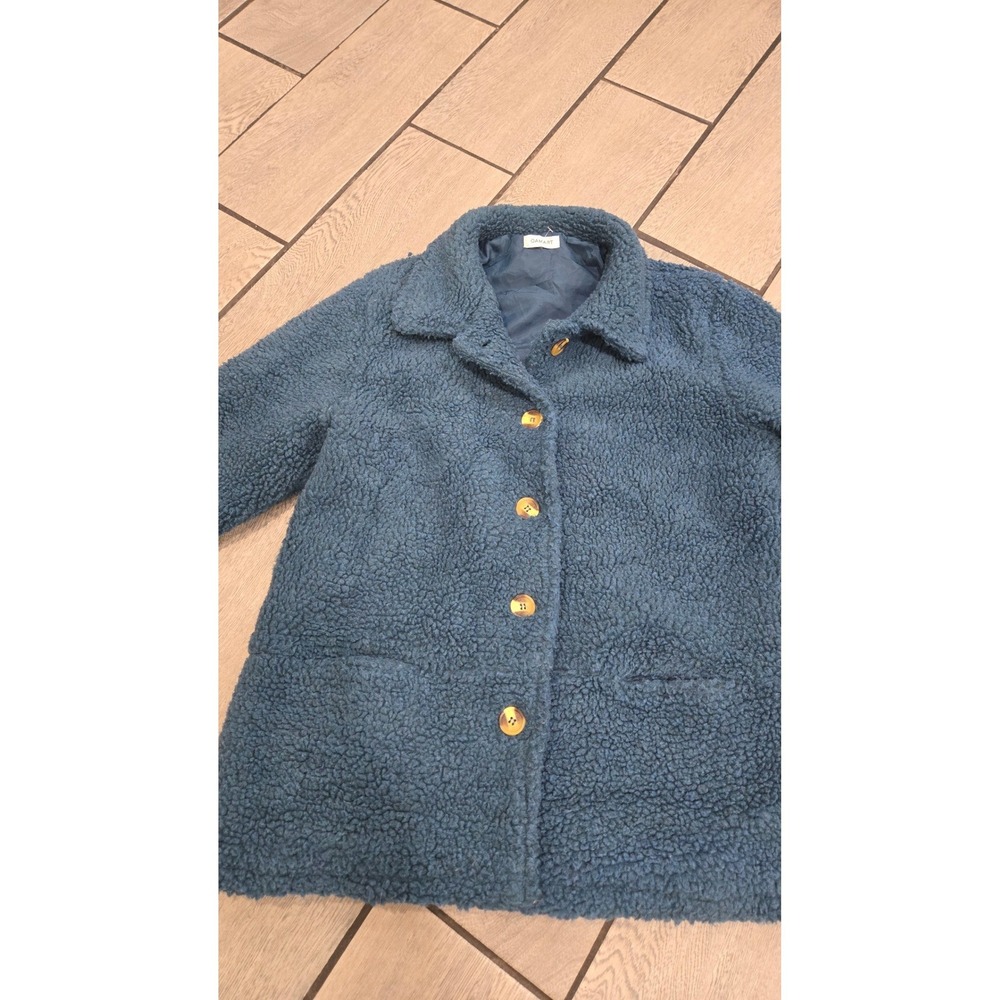 Damart Teal Blue Teddy Fleece Coat Faux Fur Borg Jacket Button Front Size 10/12